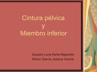 Cintura pélvica 
y 
Miembro inferior 
Gussen Luna Karla Alejandra 
Romo García Jessica Ivonne 
 
