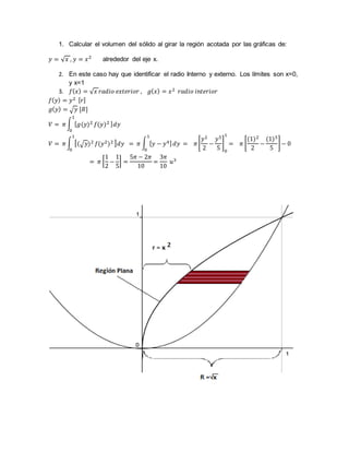 1. Calcular el volumen del sólido al girar la región acotada por las gráficas de:
𝑦 = √𝑥 , 𝑦 = 𝑥2
alrededor del eje x.
2. En este caso hay que identificar el radio Interno y externo. Los límites son x=0,
y x=1
3. 𝑓(𝑥) = √𝑥 𝑟𝑎𝑑𝑖𝑜 𝑒𝑥𝑡𝑒𝑟𝑖𝑜𝑟 , 𝑔(𝑥) = 𝑥2 𝑟𝑎𝑑𝑖𝑜 𝑖𝑛𝑡𝑒𝑟𝑖𝑜𝑟
𝑓(𝑦) = 𝑦2 [𝑟]
𝑔(𝑦) = √𝑦 [𝑅]
𝑉 = 𝜋∫ [𝑔(𝑦)2 𝑓(𝑦)2 ]
1
0
𝑑𝑦
𝑉 = 𝜋∫ [(√𝑦)2 𝑓(𝑦2)2 ]
1
0
𝑑𝑦 = 𝜋 ∫ [𝑦 − 𝑦4]
1
0
𝑑𝑦 = 𝜋[
𝑦2
2
−
𝑦5
5
]
0
1
= 𝜋 [
(1)2
2
−
(1)5
5
]− 0
= 𝜋 [
1
2
−
1
5
] =
5𝜋 − 2𝜋
10
=
3𝜋
10
𝑢3
 