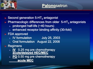 Palonosetron
► Second generation 5-HT3 antagonist
► Pharmacologic differences from older 5-HT3 antagonists
● prolonged half-life (~40 hours)
● enhanced receptor binding affinity (30-fold)
► FDA approved
● IV formulation July 25, 2003
● Oral formulation August 22, 2008
► Regimens
● IV 0.25 mg pre chemotherapy
acute/delayed HEC/MEC
● PO 0.50 mg pre chemotherapy
acute MEC
 