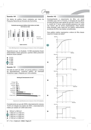 2010
Questão 140                                               Questão 142


Pesquisa Nacional por Amostra de Domicílios.              constatou que, de 0 a 10 anos, a variação da sua altura
                                                          se dava de forma mais rápida do que dos 10 aos 17 anos
                                                          e, a partir de 17 anos, essa variação passava a ser cada
                                                          vez menor, até se tornar imperceptível. Para ilustrar




                                                          casal em função da idade?




entrevistados nessa pesquisa, quantos deles possuíam
telefone móvel celular?


   6 556




Questão 141
                                               ranking




Considerando-se que até 2009 o desmatamento cresceu

médio por estado em 2009 está entre

   100 km2 e 900 km2.
   1 000 km2 e 2 700 km2.
   2 800 km2           2
                         .
           2           2
                         .
           2
             e 5 800 km2.
           Caderno 6 - CINZA - Página 21
 