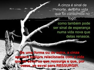 A cinza é sinal de morte, de uma vida que foi consumida no fogo; como também pode ser sinal de esperança numa vida nova que delas renasce. De uma forma ou de outra, a cinza aparece sempre relacionada com a vida que se esvai ou que ressurge e que, por vezes, se esvai para RESSURGI R. 