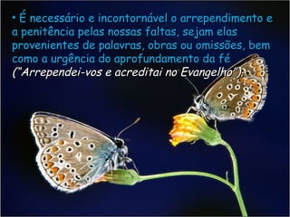 É necessário e incontornável o arrependimento e a penitência pelas nossas faltas, sejam elas provenientes de palavras, obras ou omissões, bem como a urgência do aprofundamento da fé (“Arrependei-vos e acreditai no Evangelho”).   