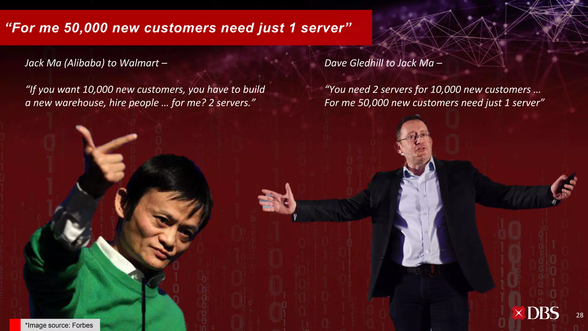 Jack Ma (Alibaba) to Walmart –
“If you want 10,000 new customers, you have to build
a new warehouse, hire people … for me? 2 servers.”
Dave Gledhill to Jack Ma –
“You need 2 servers for 10,000 new customers …
For me 50,000 new customers need just 1 server”
“For me 50,000 new customers need just 1 server”
28
*Image source: Forbes
 