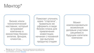 Ментор*

                        Помогает уточнить
   Бизнес и/или          идею “стартапа”,
                                                   Может
 технологический           правильно ее
                                             компенсироваться
наставник, который       оформить в виде
                                                возможным
    встраивает           бизнес-плана для
                                             долевым участием
    компанию в             привлечения
                                                (акциями) в
экосистему бизнес-          инвестиции,
                                             будущем капитале
 ангелов, фондов,       начиная с посевной
                                                 компании
    клиентов…               (до выпуска
                         продукта) стадии


            Wikipedia
 