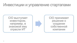 Инвестиции и управление стартапами


  CIO выступает        CIO принимает
   инвестором,           решение о
   например, в            создании
  знакомой ему          собственной
   отрасли ИТ            компании
 