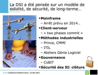 La DSI a été pensée sur un modèle de solidité, de sécurité, de long-terme… Mainframe Arrêt prévu en 2014… Client-serveur « two phases commit » Méthodes industrielles Prince, CMMI ITIL Ateliers Génie Logiciel Gouvernance CoBIT Sécurité des SI: clôture 