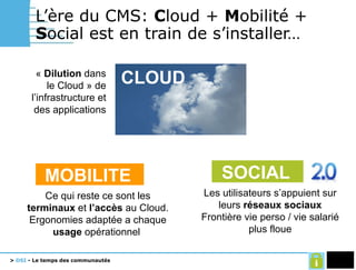 L’ère du CMS:  C loud +  M obilité +  S ocial est en train de s’installer… CLOUD MOBILITE «  Dilution  dans le Cloud » de l’infrastructure et des applications Ce qui reste ce sont les  terminaux  et  l’accès  au Cloud. Ergonomies adaptée a chaque  usage  opérationnel  Les utilisateurs s’appuient sur leurs  réseaux sociaux Frontière vie perso / vie salarié plus floue SOCIAL 