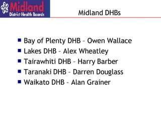 Bay of Plenty DHB – Owen Wallace Lakes DHB – Alex Wheatley Tairawhiti DHB – Harry Barber Taranaki DHB – Darren Douglass Waikato DHB – Alan Grainer Midland DHBs 