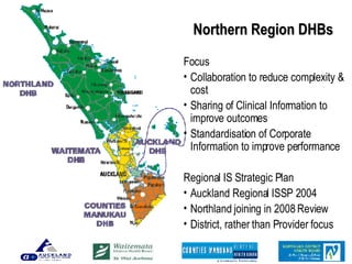 Northern Region DHBs Focus Collaboration to reduce complexity & cost Sharing of Clinical Information to improve outcomes Standardisation of Corporate Information to improve performance Regional IS Strategic Plan Auckland Regional ISSP 2004 Northland joining in 2008 Review District, rather than Provider focus 