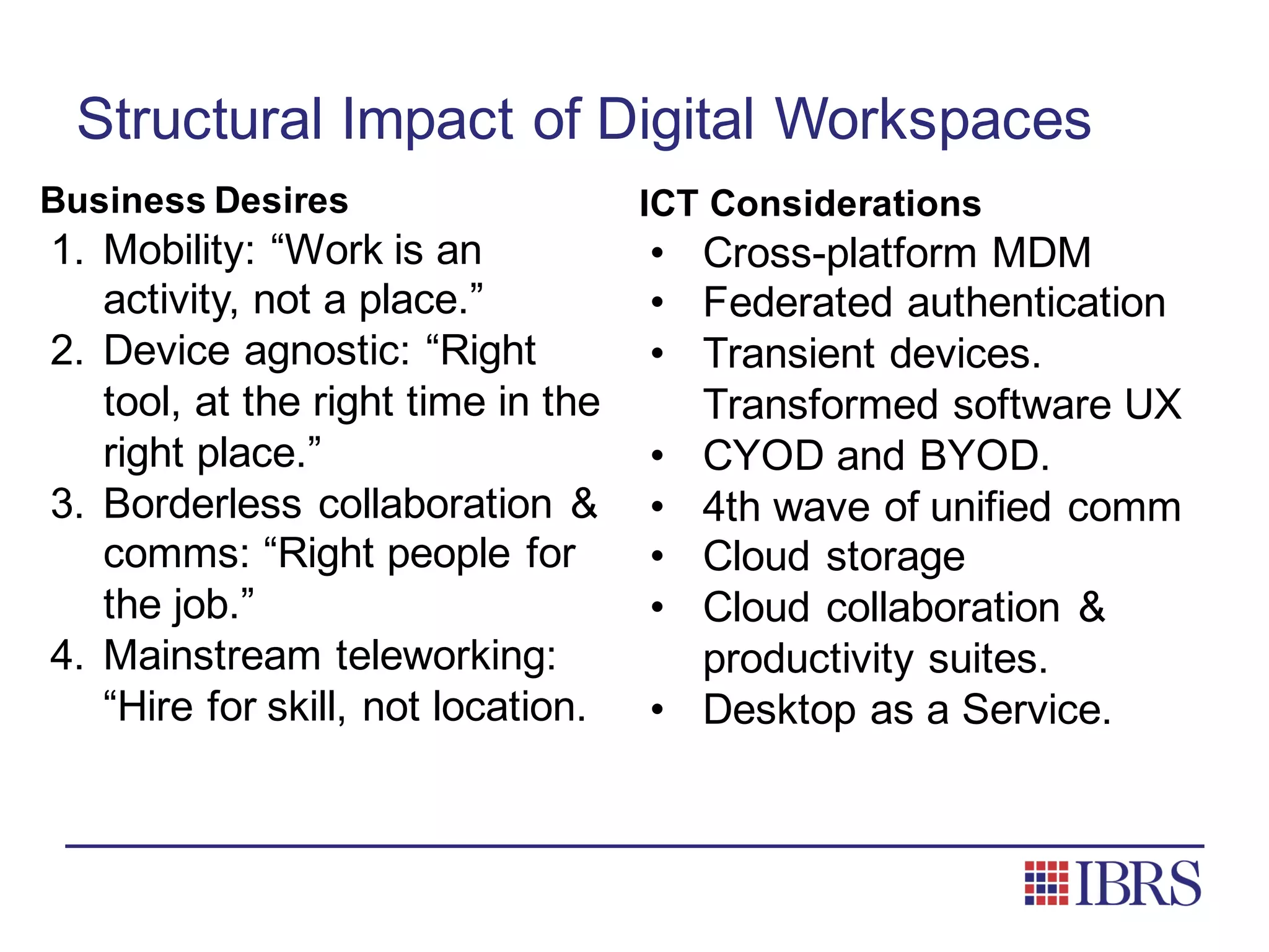 Structural Impact of Digital Workspaces
Business Desires
1. Mobility: “Work is an
activity, not a place.”
2. Device agnostic: “Right
tool, at the right time in the
right place.”
3. Borderless collaboration &
comms: “Right people for
the job.”
4. Mainstream teleworking:
“Hire for skill, not location.
ICT Considerations
• Cross-platform MDM
• Federated authentication
• Transient devices.
Transformed software UX
• CYOD and BYOD.
• 4th wave of unified comm
• Cloud storage
• Cloud collaboration &
productivity suites.
• Desktop as a Service.
 