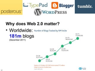 Why does Web 2.0 matter?
     • Worldwide:
       181m blogs
      (December 2011)




17
 