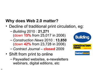 Why does Web 2.0 matter?
     • Decline of traditional print circulation, eg:
       – Building 2010 : 21,271
         (down 15% from 25,017 in 2006)
       – Construction News 2010 : 13,850
         (down 42% from 23,728 in 2006)
       – Contract Journal – closed 2009
     • Shift from print to online
       – Paywalled websites, e-newsletters
         webinars, digital editions, etc
22
 