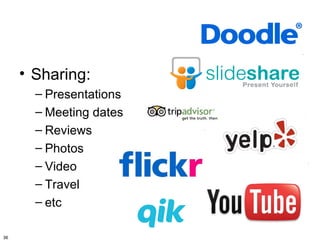 • Sharing:
       – Presentations
       – Meeting dates
       – Reviews
       – Photos
       – Video
       – Travel
       – etc

36
 