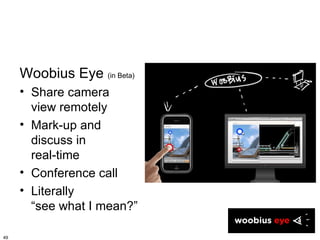 Woobius Eye (in Beta)
     • Share camera
       view remotely
     • Mark-up and
       discuss in
       real-time
     • Conference call
     • Literally
       “see what I mean?”

49
 