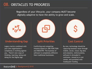 08. OBSTACLES TO PROGRESS
Cost ControlSplit PrioritiesUnderstanding Gap
Legacy tactics combined with
your own organization’s
complexity is working against
you. There’s new ways of
thinking, learning, being and
doing for the Digital Age.
Conflicting and competing
missions based on JOB FUNCTION
and INDUSTRY. The business of
software is completely different
than traditional businesses.
By now, technology should be
capturing business value through
mobile, social, cloud, big data
and analytics. Unfortunately,
software is shrouded in
confusion, viewed as a cost
center, and punished with
inadequate funding.
Regardless of your lifecycle, your company MUST become
digitally adaptive to have the ability to grow and scale.
|| Background || 2016
 
