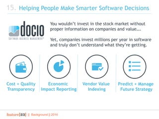 || Background || 2016
15. Helping People Make Smarter Software Decisions
Cost + Quality
Transparency
Economic
Impact Repor...