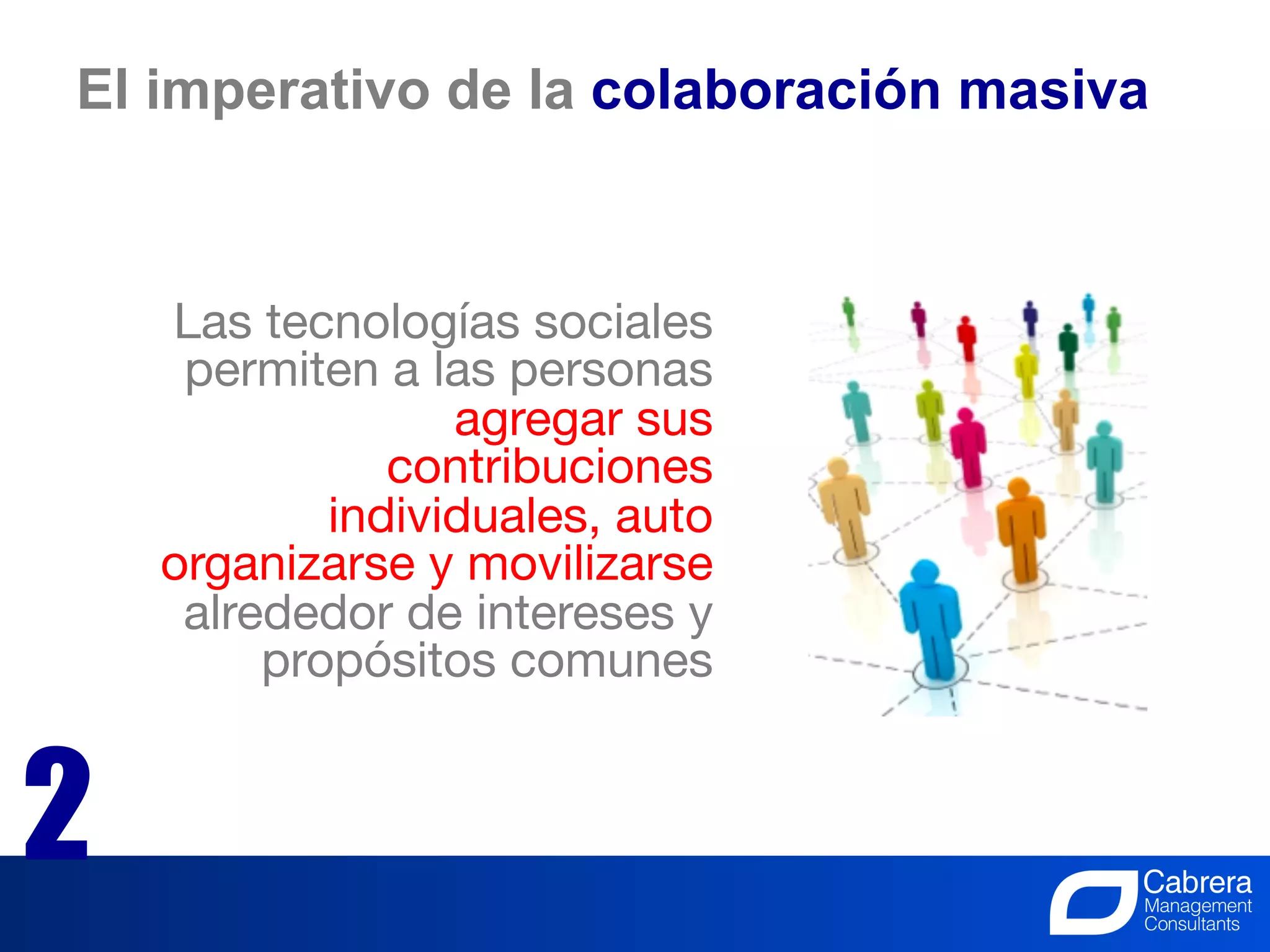 El imperativo de la colaboración masiva



    Las tecnologías sociales
     permiten a las personas
                  agregar sus
               contribuciones
            individuales, auto
    organizarse y movilizarse
     alrededor de intereses y
         propósitos comunes   
              

2             
              
                                11
                        La Innovación, el trabajo de todos
 