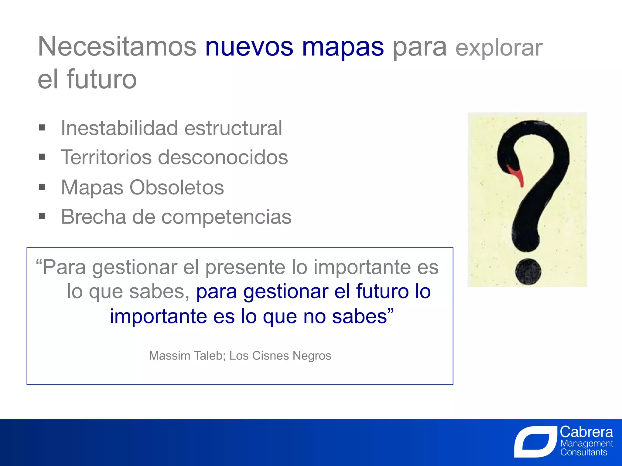 Necesitamos nuevos mapas para explorar
el futuro
§    Inestabilidad estructural
§    Territorios desconocidos
§    Mapas Obsoletos
§    Brecha de competencias

“Para gestionar el presente lo importante es
   lo que sabes, para gestionar el futuro lo
        importante es lo que no sabes”
               Massim Taleb; Los Cisnes Negros




                                              4
                                     La Innovación, el trabajo de todos
 
