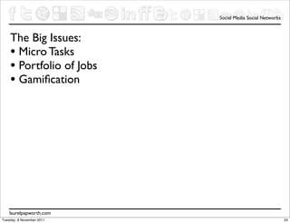 Social Media Social Networks



    The Big Issues:
    • Micro Tasks
    • Portfolio of Jobs
    • Gamiﬁcation




    laurelpapworth.com
Tuesday, 8 November 2011                                  24
 