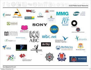 Social Media Social Networks




    laurelpapworth.com
Tuesday, 8 November 2011                                  4
 