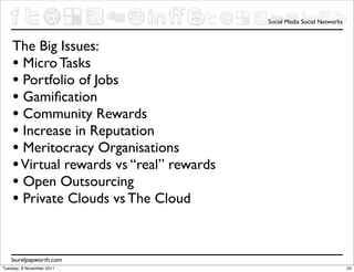 Social Media Social Networks



    The Big Issues:
    • Micro Tasks
    • Portfolio of Jobs
    • Gamiﬁcation
    • Community Rewards
    • Increase in Reputation
    • Meritocracy Organisations
    • Virtual rewards vs “real” rewards
    • Open Outsourcing
    • Private Clouds vs The Cloud


    laurelpapworth.com
Tuesday, 8 November 2011                                                 24
 