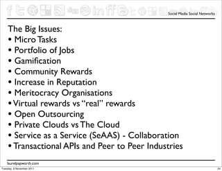 Social Media Social Networks



    The Big Issues:
    • Micro Tasks
    • Portfolio of Jobs
    • Gamiﬁcation
    • Community Rewards
    • Increase in Reputation
    • Meritocracy Organisations
    • Virtual rewards vs “real” rewards
    • Open Outsourcing
    • Private Clouds vs The Cloud
    • Service as a Service (SeAAS) - Collaboration
    • Transactional APIs and Peer to Peer Industries
    laurelpapworth.com
Tuesday, 8 November 2011                                                      24
 