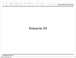 Social Media Social Networks




                           Enterprise 3.0




    laurelpapworth.com
Tuesday, 8 November 2011                                                   7
 