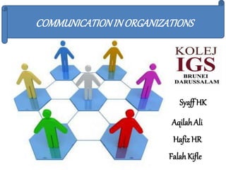 COMMUNICATIONINORGANIZATIONS
Syaff HK
AqilahAli
Falah Kifle
Hafiz HR
 