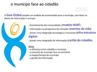o munícipe face ao cidadão
O Gaia Global propõe um modelo de proximidade para o munícipe, com base na
oferta de informação e serviços
- levantamento das necessidades (modelo NVAT)
- informação na perspectiva do utilizador (eventos da vida)
- prover uma integração tecnologica e funcional (infra-estrutura
digital)
- prover uma integração de informação (cartão do cidadão)
Notas
- a diferença entre cidadão e munícipe
- o conceito de munícipe face ao território
- o espaço/tempo do munícipe
- a gestão da informação
2005
 