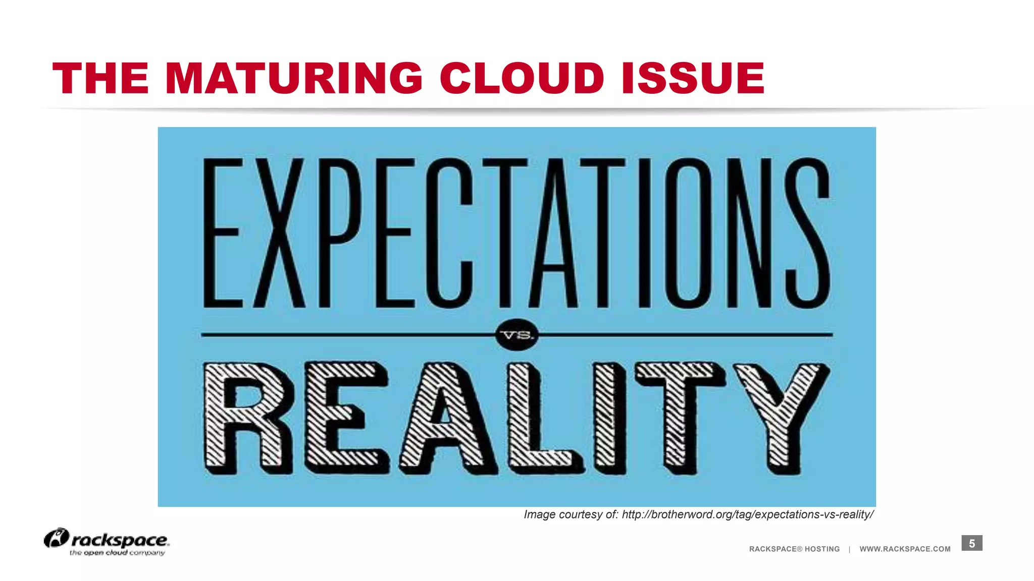 RACKSPACE® HOSTING | WWW.RACKSPACE.COM
THE MATURING CLOUD ISSUE
5
Image courtesy of: http://brotherword.org/tag/expectations-vs-reality/
 