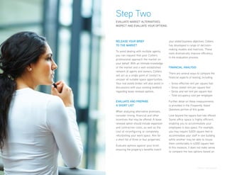 Step Two
                             EVALUATE MARKET ALTERNATIVES.
                             INSPECT AND EVALUATE YOUR OPTIONS.




                             RELEASE YOUR BRIEF                            your stated business objectives. Colliers
                             TO THE MARKET                                 has developed a range of decision-
                                                                           making models and matrices. These
                             To avoid dealing with multiple agents,
                                                                           tools dramatically improve efficiency
                             you can request that your Colliers
                                                                           in the evaluation process.
                             professional approach the market on
                             your behalf. With an intimate knowledge
                             of the market and a well-established          FINANCIAL ANALYSIS
                             network of agents and owners, Colliers
                                                                           There are several ways to compare the
                             will act as a single point of contact to
                                                                           financial aspects of leasing, including:
                             uncover all suitable space opportunities.
                             Your real estate broker will also assist in   –   Gross effective rent per square foot
                             discussions with your existing landlord       –   Gross stated rent per square foot
                             regarding lease renewal options.              –   Gross and net rent per square foot
                                                                           –   Total occupancy cost per employee

                             EVALUATE AND PREPARE                          Further detail on these measurements
                             A SHORT LIST                                  is provided in the Frequently Asked
                                                                           Questions portion of this guide.
                             When analyzing alternative premises,
                             consider timing, financial and other          Look beyond the square foot rate offered.
                             incentives that may be offered. A lease       Some office space is highly efficient,
                             renewal option should include expansion       enabling you to accommodate your
                             and contraction costs, as well as the         employees in less space. For example,
                             cost of reconfiguring or completely           you may require 5,000 square feet to
                             refurbishing your work space. Aim for         accommodate your staff in one building
                             a short list of three or four properties.     while another may be able to house
                                                                           them comfortably in 4,000 square feet.
                             Evaluate options against your brief,
                                                                           In this instance, it does not make sense
                             ensuring the property’s benefits match
                                                                           to compare the two options based on




P. 10 Office Leasing Guide                                                                           Colliers International
 