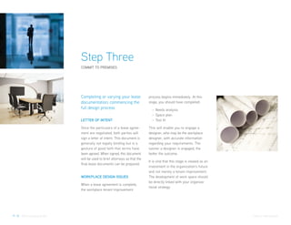 Step Three
                             COMMIT TO PREMISES




                             Completing or varying your lease              process begins immediately. At this
                             documentation; commencing the                 stage, you should have completed:
                             full design process                             – Needs analysis
                                                                             – Space plan
                             LETTER OF INTENT                                – Test fit

                             Once the particulars of a lease agree-        This will enable you to engage a
                             ment are negotiated, both parties will        designer, who may be the workplace
                             sign a letter of intent. This document is     designer, with accurate information
                             generally not legally binding but is a        regarding your requirements. The
                             gesture of good faith that terms have         sooner a designer is engaged, the
                             been agreed. When signed, this document       better the outcome.
                             will be used to brief attorneys so that the
                                                                           It is vital that this stage is viewed as an
                             final lease documents can be prepared.
                                                                           investment in the organization’s future
                                                                           and not merely a tenant improvement.
                             WORKPLACE DESIGN ISSUES                       The development of work space should
                                                                           be directly linked with your organiza-
                             When a lease agreement is complete,
                                                                           tional strategy.
                             the workplace tenant improvement




P. 12 Office Leasing Guide                                                                                               Colliers International
 