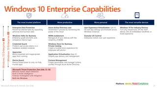 21
Windows 10 Enterprise Capabilities
Windows
10
Enterprise
E5
Windows
10
Enterprise
E3
The most trusted platform
Enterprise Data Protection
Prevent accidental leaks by separating
personal and business data
Windows Hello for Business
Enterprise grade biometric and
companion device login
Credential Guard
Protects user access tokens in a
hardware-isolated container
AppLocker
Block unwanted and inappropriate
apps from running
Device Guard
Device locked down to only run fully
trusted apps
Microsoft Threat Protection (See slide 15-18)
Behavior-based, attack detection
Built-in threat intelligence
Forensic investigation and mitigation
Built into Windows
More personal
User Experience Virtualization (UX-V)
OS and app settings synchronized across
Windows instances
Granular UX Control
Enterprise control over user experience
More productive
Azure Active Directory Join
Streamline IT process by harnessing the
power of the cloud
MDM enablement
Manage all of your devices with the
simplicity of MDM
Windows Store for Business,
Private Catalog
Create a curated store experience for
employee self-service
Application Virtualization (App-V)
Simplify app delivery and management
Cortana Management
Create, personalize, and manage Cortana
profiles through Azure Active Directory
Windows 10 for Industry Devices
Turn any inexpensive, off-the-shelf
device, into an embedded, handheld, or
kiosk experience
The most versatile devices
Microsoft Internal & Partner Use Only
 