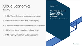 Cloud Economics
Security
• $400k/Year reduction in breach communication
• $4M Reduction in remediation effort (3 year)
• 4 hours/user reduction of security related downtime
• $220k reduction in compliance related costs
• $1M+ year PV third Party tool replacement
 