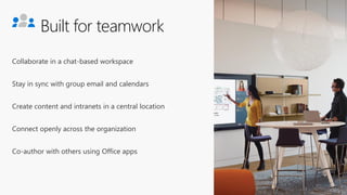 Built for teamwork
Collaborate in a chat-based workspace
Stay in sync with group email and calendars
Create content and intranets in a central location
Connect openly across the organization
Co-author with others using Office apps
 