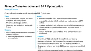 Strategy Example
Finance Transformation and SAP Optimization
Finance Transformation and Rationalization
Vision
• Reduce application footprint and make
one global accounting system
• Move toward strategic solutions
• Modernize and re-platform with simple
finance
Outcome
• Reduce applications footprint and move to
strategic solutions
• Retire obsolete/minimal use applications
where applicable
SAP Optimization
Vision
• Reduce overall SAP TCO - applications and infrastructure
• Leverage full potential of SAP products and modernize current SAP
portfolio
• Increased productivity with enhanced and simplified user experience
• Operate globally on your template business processes (harm. &
simplified)
• Maintain the “Best In Class” and Fast close SAP Landscape and
Architecture
Outcome
• Overall SAP TCO reduction & Reduce Month end closings
• Leveraging Standard SAP – Back to Standards with simple finance
• Activation of new functionalities and new modules with New GL
• Deployment of harm. and simpl. E2E business process across all SAP
inst.
• KPIs for business process performing monitoring and optimization.
 