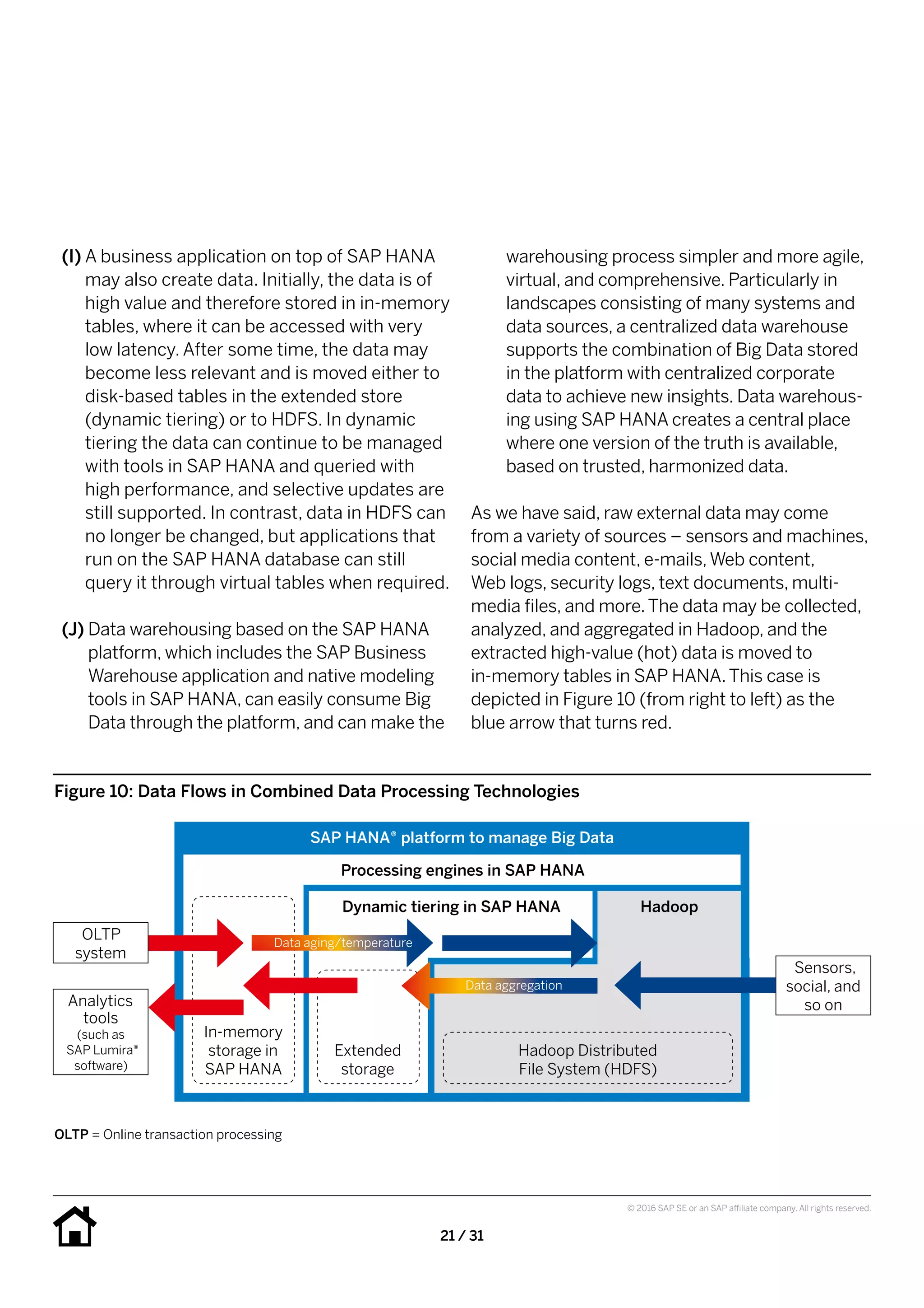 21 / 31
© 2016 SAP SE or an SAP affiliate company. All rights reserved.
warehousing process simpler and more agile,
virtual, and comprehensive. Particularly in
landscapes consisting of many systems and
data sources, a centralized data warehouse
supports the combination of Big Data stored
in the platform with centralized corporate
data to achieve new insights. Data warehous-
ing using SAP HANA creates a central place
where one version of the truth is available,
based on trusted, harmonized data.
As we have said, raw external data may come
from a variety of sources – sensors and machines,
social media content, e-mails,Web content,
Web logs, security logs, text documents, multi­
media files, and more.The data may be collected,
analyzed, and aggregated in Hadoop, and the
extracted high-value (hot) data is moved to
in-memory tables in SAP HANA.This case is
depicted in Figure 10 (from right to left) as the
blue arrow that turns red.
(I) A business application on top of SAP HANA
may also create data. Initially, the data is of
high value and therefore stored in in-memory
tables, where it can be accessed with very
low latency. After some time, the data may
become less relevant and is moved either to
disk-based tables in the extended store
(dynamic tiering) or to HDFS. In dynamic
tiering the data can continue to be managed
with tools in SAP HANA and queried with
high performance, and selective updates are
still supported. In contrast, data in HDFS can
no longer be changed, but applications that
run on the SAP HANA database can still
query it through virtual tables when required.
(J) Data warehousing based on the SAP HANA
platform, which includes the SAP Business
Warehouse application and native modeling
tools in SAP HANA, can easily consume Big
Data through the platform, and can make the
Figure 10: Data Flows in Combined Data Processing Technologies
OLTP = Online transaction processing
SAP HANA® platform to manage Big Data
OLTP
system
Processing engines in SAP HANA
In-memory
storage in
SAP HANA
Analytics
tools
(such as
SAP Lumira®
software)
Dynamic tiering in SAP HANA
Extended
storage
Hadoop
Hadoop Distributed
File System (HDFS)
Sensors,
social, and
so on
Data aging/temperature
Data aggregation
 