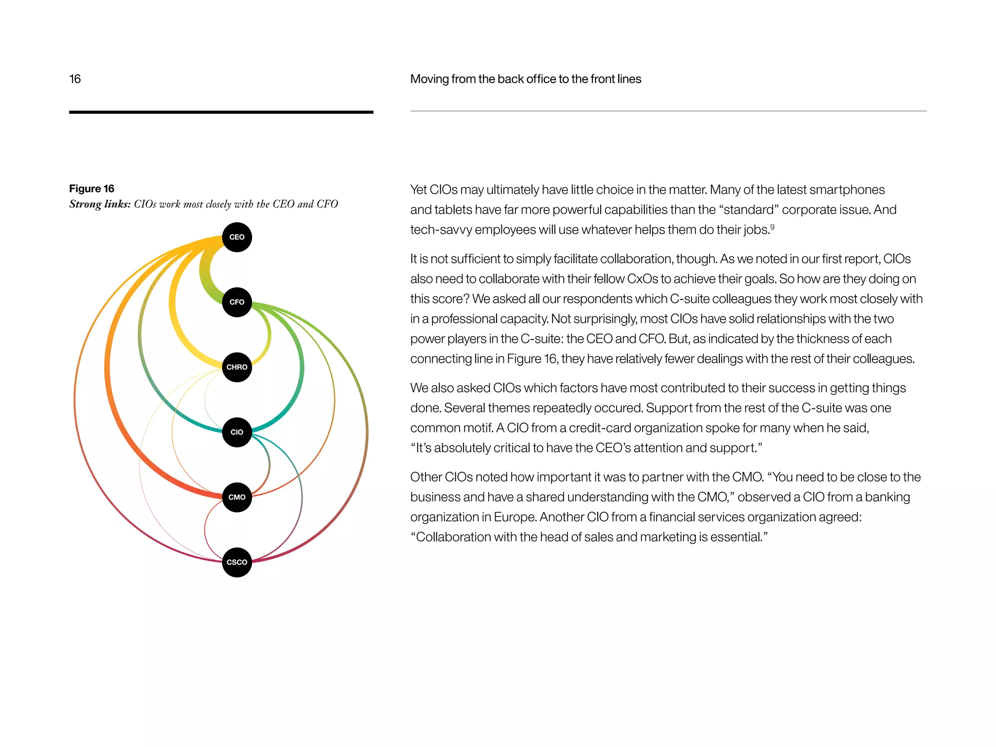 16 Moving from the back office to the front lines 
Yet CIOs may ultimately have little choice in the matter. Many of the latest smartphones 
and tablets have far more powerful capabilities than the “standard” corporate issue. And 
tech-savvy employees will use whatever helps them do their jobs.9 
It is not sufficient to simply facilitate collaboration, though. As we noted in our first report, CIOs 
also need to collaborate with their fellow CxOs to achieve their goals. So how are they doing on 
this score? We asked all our respondents which C-suite colleagues they work most closely with 
in a professional capacity. Not surprisingly, most CIOs have solid relationships with the two 
power players in the C-suite: the CEO and CFO. But, as indicated by the thickness of each 
connecting line in Figure 16, they have relatively fewer dealings with the rest of their colleagues. 
We also asked CIOs which factors have most contributed to their success in getting things 
done. Several themes repeatedly occured. Support from the rest of the C-suite was one 
common motif. A CIO from a credit-card organization spoke for many when he said, 
“It’s absolutely critical to have the CEO’s attention and support.” 
Other CIOs noted how important it was to partner with the CMO. “You need to be close to the 
business and have a shared understanding with the CMO,” observed a CIO from a banking 
organization in Europe. Another CIO from a financial services organization agreed: 
“Collaboration with the head of sales and marketing is essential.” 
Figure 16 
Strong links: CIOs work most closely with the CEO and CFO 
CEO 
CFO 
CHRO 
CIO 
CMO 
CSCO 
 