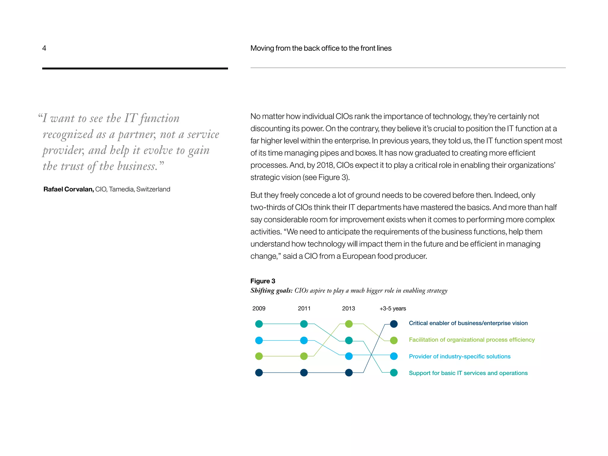 4 Moving from the back office to the front lines 
“I want to see the IT function 
recognized as a partner, not a service 
provider, and help it evolve to gain 
the trust of the business.” 
Rafael Corvalan, CIO, Tamedia, Switzerland 
No matter how individual CIOs rank the importance of technology, they’re certainly not 
discounting its power. On the contrary, they believe it’s crucial to position the IT function at a 
far higher level within the enterprise. In previous years, they told us, the IT function spent most 
of its time managing pipes and boxes. It has now graduated to creating more efficient 
processes. And, by 2018, CIOs expect it to play a critical role in enabling their organizations’ 
strategic vision (see Figure 3). 
But they freely concede a lot of ground needs to be covered before then. Indeed, only 
two-thirds of CIOs think their IT departments have mastered the basics. And more than half 
say considerable room for improvement exists when it comes to performing more complex 
activities. “We need to anticipate the requirements of the business functions, help them 
understand how technology will impact them in the future and be efficient in managing 
change,” said a CIO from a European food producer. 
Figure 3 
Shifting goals: CIOs aspire to play a much bigger role in enabling strategy 
Critical enabler of business/enterprise vision 
Facilitation of organizational process efficiency 
Provider of industry-specific solutions 
Support for basic IT services and operations 
2009 2011 2013 +3-5 years 
 