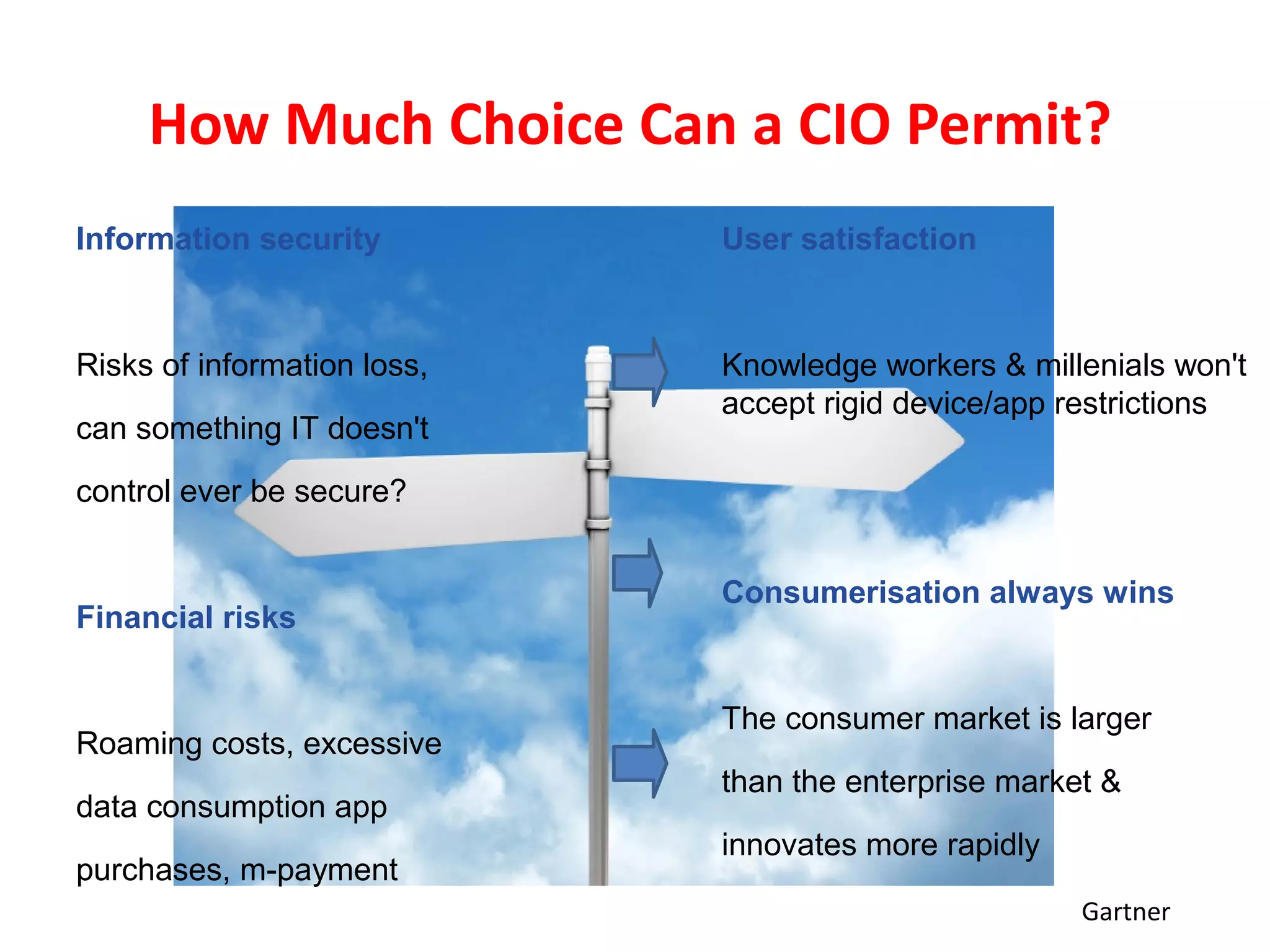 How Much Choice Can a CIO Permit?
Information security         User satisfaction


Risks of information loss,   Knowledge workers & millenials won't
                             accept rigid device/app restrictions
can something IT doesn't
control ever be secure?


                             Consumerisation always wins
Financial risks


                             The consumer market is larger
Roaming costs, excessive
                             than the enterprise market &
data consumption app
                             innovates more rapidly
purchases, m-payment
                                                      Gartner
 