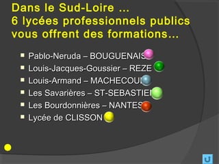 Dans le Sud-Loire …
6 lycées professionnels publics
vous offrent des formations…
    Pablo-Neruda – BOUGUENAIS
    Louis-Jacques-Goussier – REZE
    Louis-Armand – MACHECOUL
    Les Savarières – ST-SEBASTIEN
    Les Bourdonnières – NANTES
    Lycée de CLISSON
 