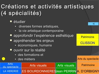 Créations et activités artistiques
(4 spécialités)
        étudier
         • diverses formes artistiques,
         • la vie artistique contemporaine
        approfondir l’expérience esthétique          Patrimoine
        appréhender les enjeux
                                                      CLISSON
         • économiques, humains
        ouvrir sur la réalité
         •   des formations et
         •   des métiers                            Arts du spectacle
    Arts                                               Patrimoine
du spectacle        Arts visuels     Arts visuels
LA HERDRIE     LES BOURDONNIERESJean PERRIN A. D’ORBIGNY
 