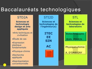 Baccalauréats technologiques
        STD2A                STI2D               STL
      Sciences et            Sciences et      Sciences et
      technologie         technologies de   technologies de
     design et arts        l’ingénieur(e)     laboratoire
       appliqués
    •Arts techniques et
        civilisation
                              ITEC          Biotechnologies

   •Étude de cas
                               EE
                                            JEAN PERRIN
                              SIN
   •Expression
   plastique
   fondamentale                AC
   •Physique-chimie
   •Recherche
   appliquée
   •Représentation
   conventionnelle
 