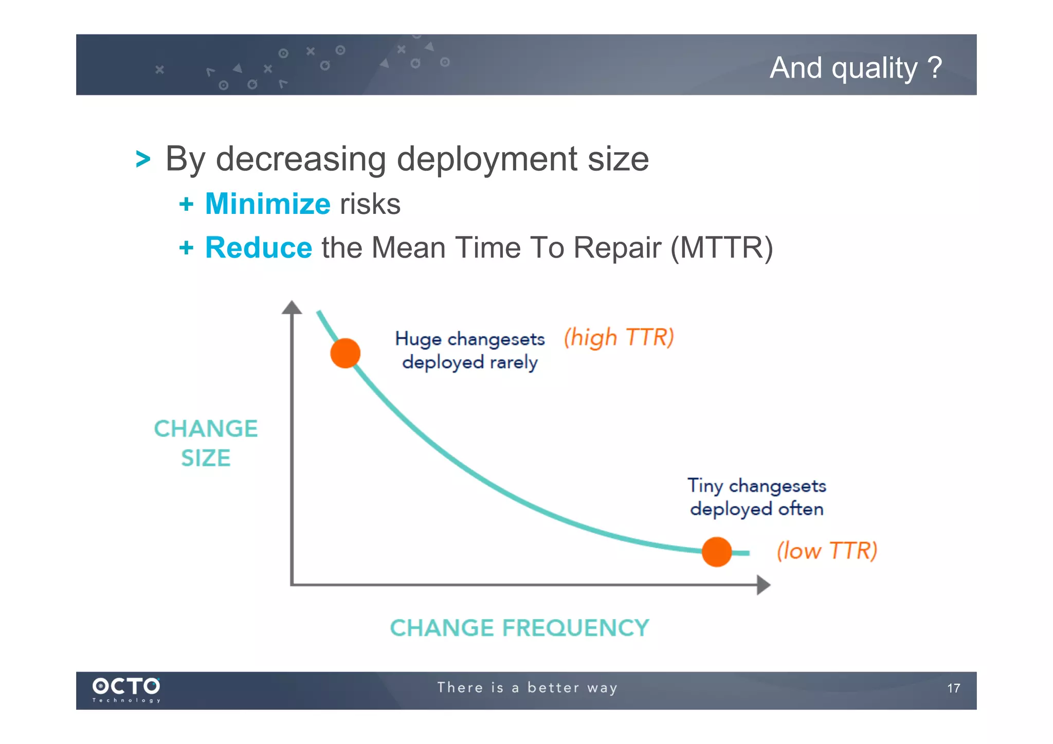 And quality ?

! By decreasing deployment size
!   Minimize risks
!   Reduce the Mean Time To Repair (MTTR)

17
	


 