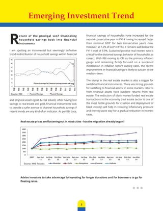 Emerging Investment Trend 
Return of the prodigal son? Channeling 
household savings back into financial 
instruments 
I am spotting an incremental but seemingly definitive 
trend in distribution of household savings within financial 
and physical assets (gold & real estate). After having lost 
savings to real estate and gold, financial instruments look 
to provide a safer avenue to channel household savings if 
recent trends are any kind of an indicator. As per RBI data, 
financial savings of households have increased for the 
second consecutive year in FY14 having increased faster 
than nominal GDP for two consecutive years now. 
However, at 7.2% of GDP in FY14, it remains well below the 
FY11 level of 9.9%. Sustained positive real interest rate is 
critical for the distorted savings behavior of households to 
correct. With RBI moving to CPI as the primary inflation 
gauge and remaining firmly focused on a sustained 
moderation in inflation before cutting rates, the recent 
improvement in financial savings is likely to sustain in the 
medium-term. 
The slump in the real estate market is also a trigger for 
switch to financial instruments. There are strong grounds 
for switching to financial assets; in some markets, returns 
from financial assets have outdone returns from real 
estate. The reduction of black money funded real estate 
transactions in the economy (real estate sector is one of 
the most fertile grounds for creation and deployment of 
black money) will help in reducing inflationary pressure 
and thereby pave way for a gradual reduction in interest 
rates. 
Real estate prices are flattening out in most cities – has the migration already begun? 
Advise investors to take advantage by investing for longer durations and for borrowers to go for 
floating rates. 
5 
Source: NHB Residex 
Source: RBI 
 