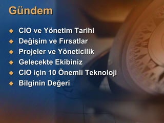 GündemCIO ve Yönetim TarihiDeğişim ve FırsatlarProjeler ve YöneticilikGelecekte EkibinizCIO için 10 Önemli TeknolojiBilginin Değeri