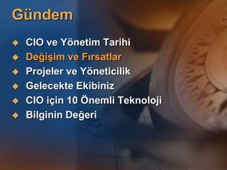 GündemCIO ve Yönetim TarihiDeğişim ve FırsatlarProjeler ve YöneticilikGelecekte EkibinizCIO için 10 Önemli TeknolojiBilginin Değeri