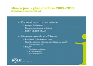 ! " ! $
                                                 " # " $
%(                               &




     – Problématique en commercialisation
         • Analyse des besoins
         • Recommandation de solutions
         • RCGT, SECOR, I-Fact?

     – Mission commerciale au MIT Boston
         • Participation de six entreprises
         • Marché à confirmer (Défense, biomédicale, ou autre?)
             –   Analyse du marché INO

         • SECOR
             – Planification stratégique
             – Accompagnement
             – Suivi après mission
 