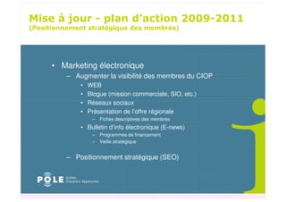 ! " ! $
                                                     " # " $
%                        )                          &




    • Marketing électronique
       – Augmenter la visibilité des membres du CIOP
           •   WEB
           •   Blogue (mission commerciale, SIO, etc.)
           •   Réseaux sociaux
           •   Présentation de l’offre régionale
                – Fiches descriptives des membres
           • Bulletin d’info électronique (E-news)
                – Programmes de financement
                – Veille stratégique


       – Positionnement stratégique (SEO)
 