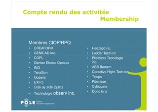 Membres CIOP/RPQ
•   CREAFORM                    •   Hedzopt inc.
•   GENICAD Inc.                •   Leddar Tech inc
•   COPL                        •   Phytronix Tecnologie
•   Gentec Électro Optique          inc.
•   INO                         •   ABB Bomem
•   TeraXion                    •   Coractive Hight-Tech inc
•   Opsens                      •   Telops
•   EXFO                        •   Fiberlase
•   Side By side Optics         •   Cybiocare
                                •   Doric lens
•   Technologie Observ   inc.
 